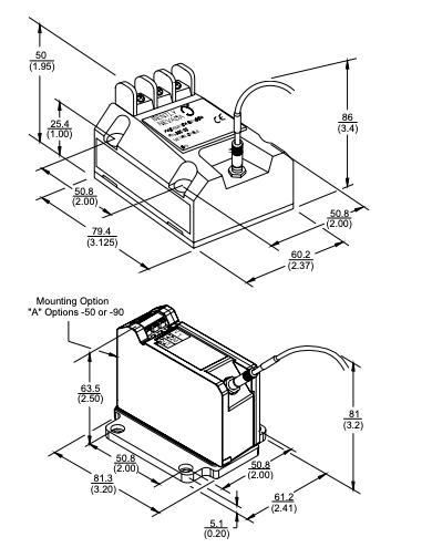 Physical mounting characteristics showing interchangeability of 3300 and 3300 XL Proximitor® Sensors when the 4-hole mounting option is used